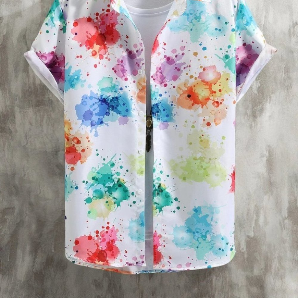 White Vacation Style Men's Splatter Paint Shirt - Picture 2 of 8